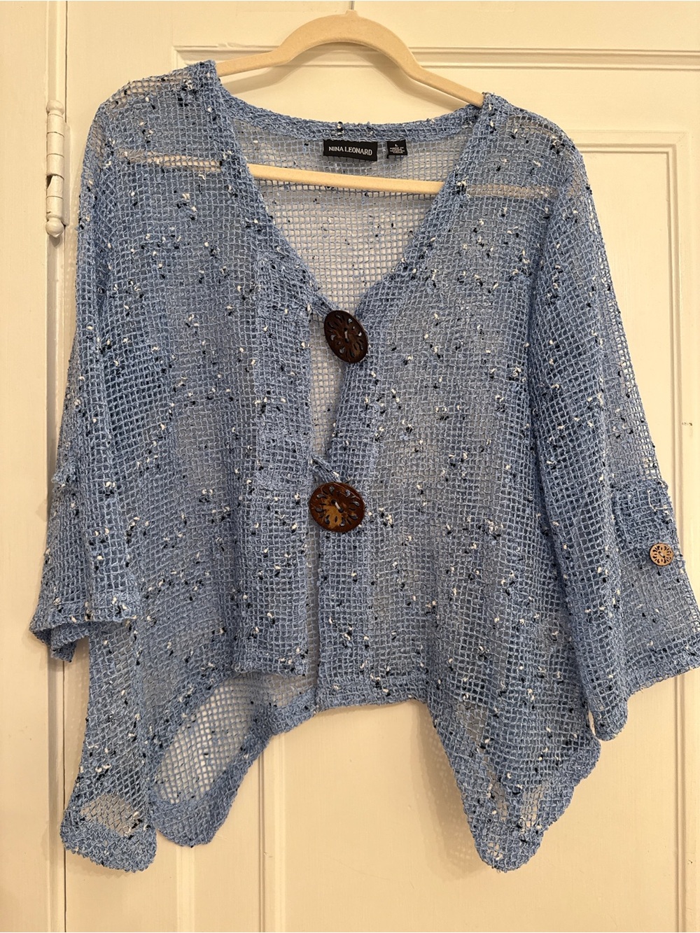 Nina Leonard Sky Blue Open-Weave Button Poncho